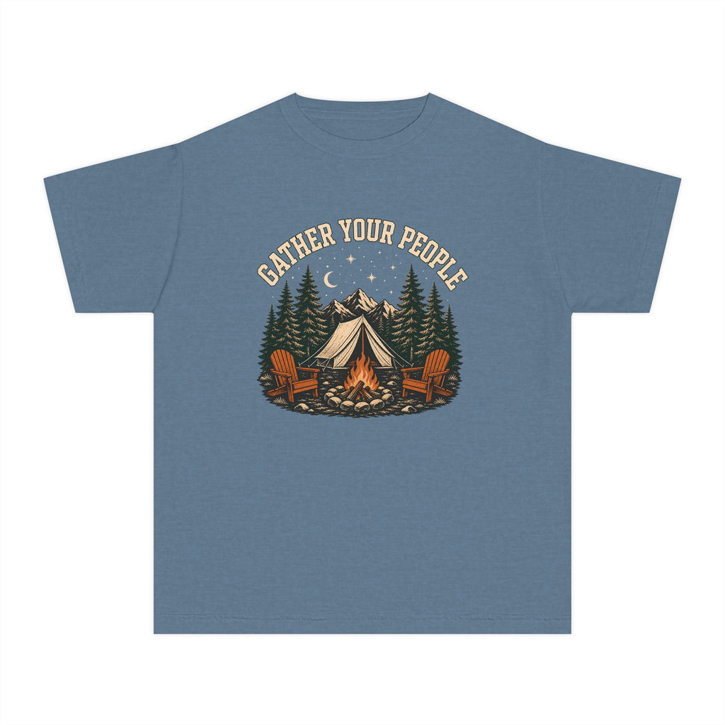 Gather Your People Youth Tee – Kids' Comfort Colors Camping Adventure Shirt in Blue Jean – flat lay