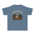 Gather Your People Youth Tee – Kids' Comfort Colors Camping Adventure Shirt in Blue Jean – flat lay
