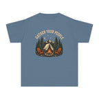 Gather Your People Youth Tee – Kids' Comfort Colors Camping Adventure Shirt in Blue Jean – flat lay