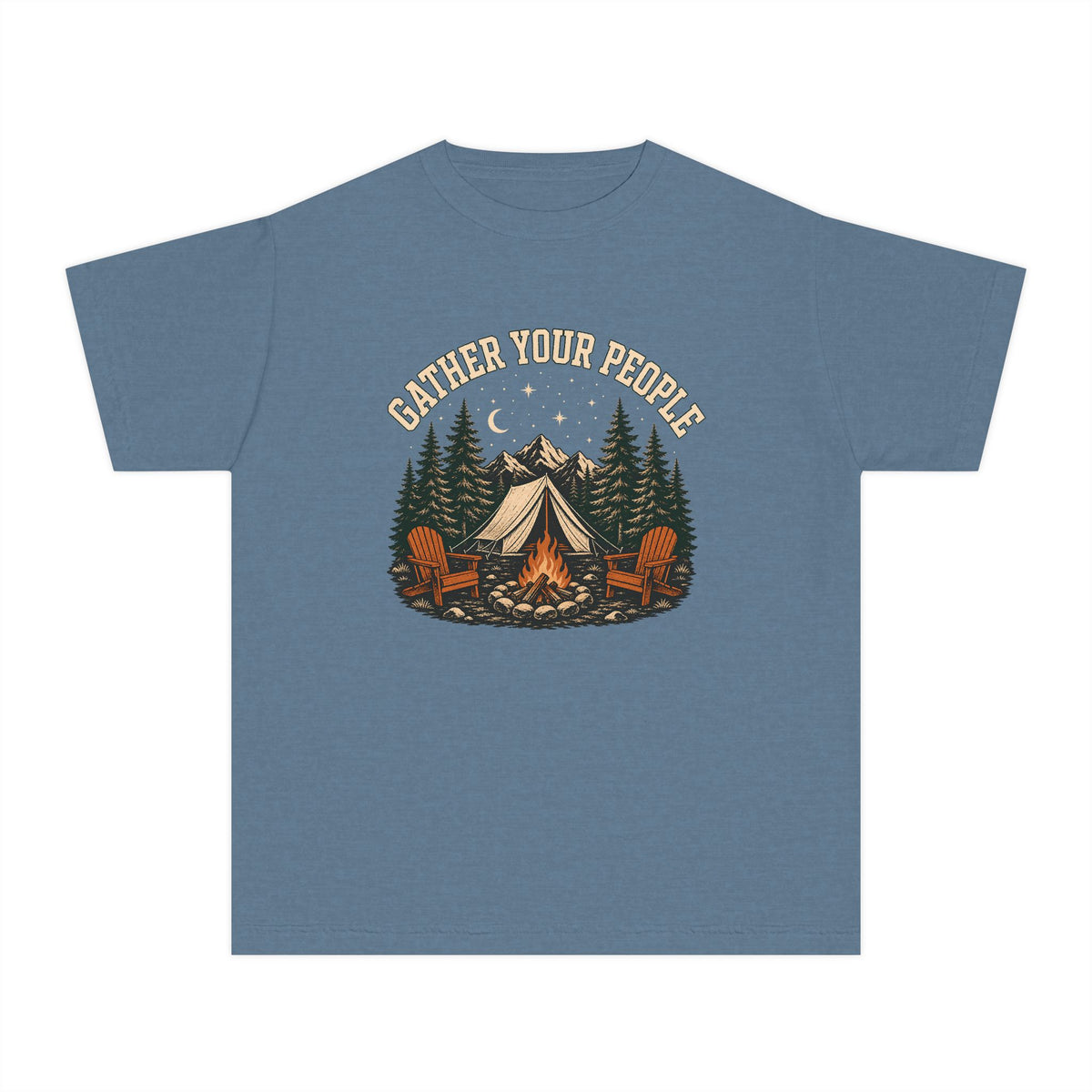 Gather Your People Youth Tee – Kids' Comfort Colors Camping Adventure Shirt in Blue Jean – flat lay