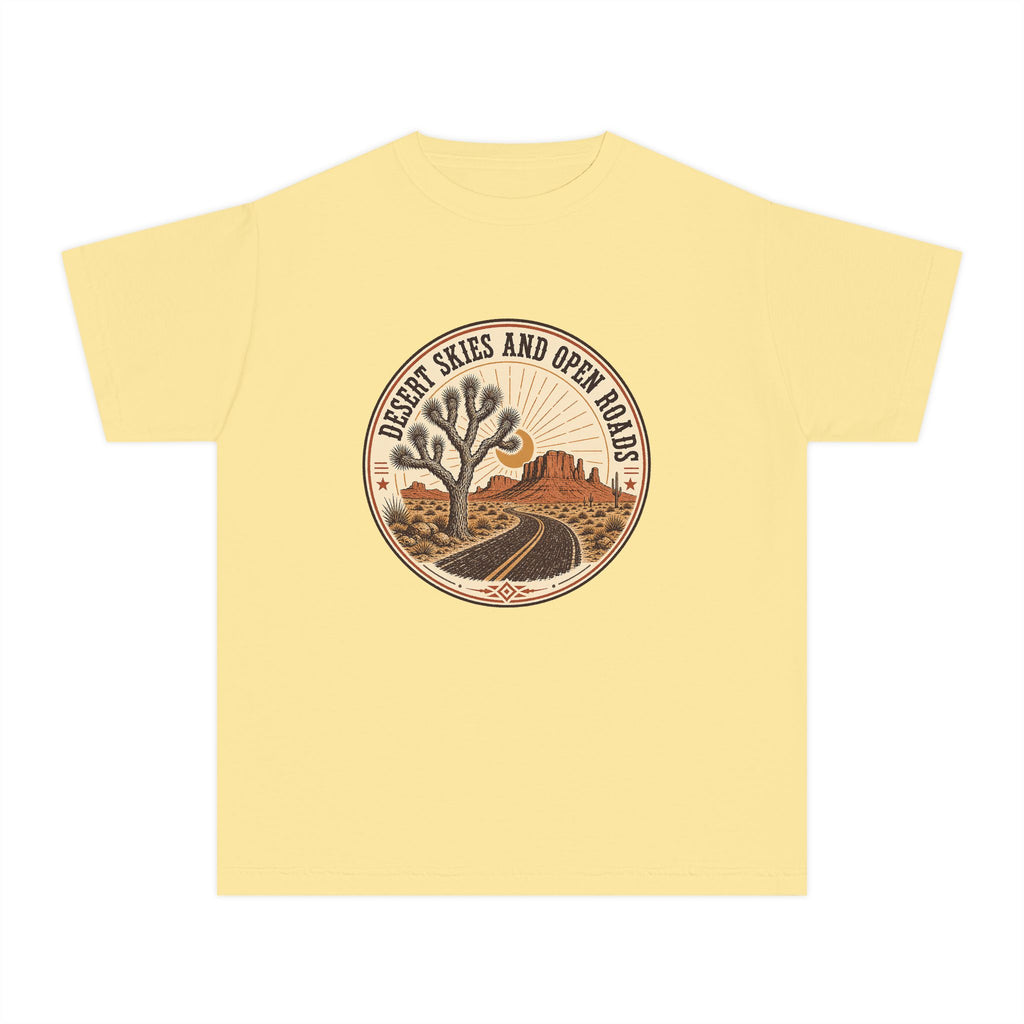 Desert Skies and Open Roads Youth Tee – Kids' Comfort Colors Travel Shirt in Butter – flat lay