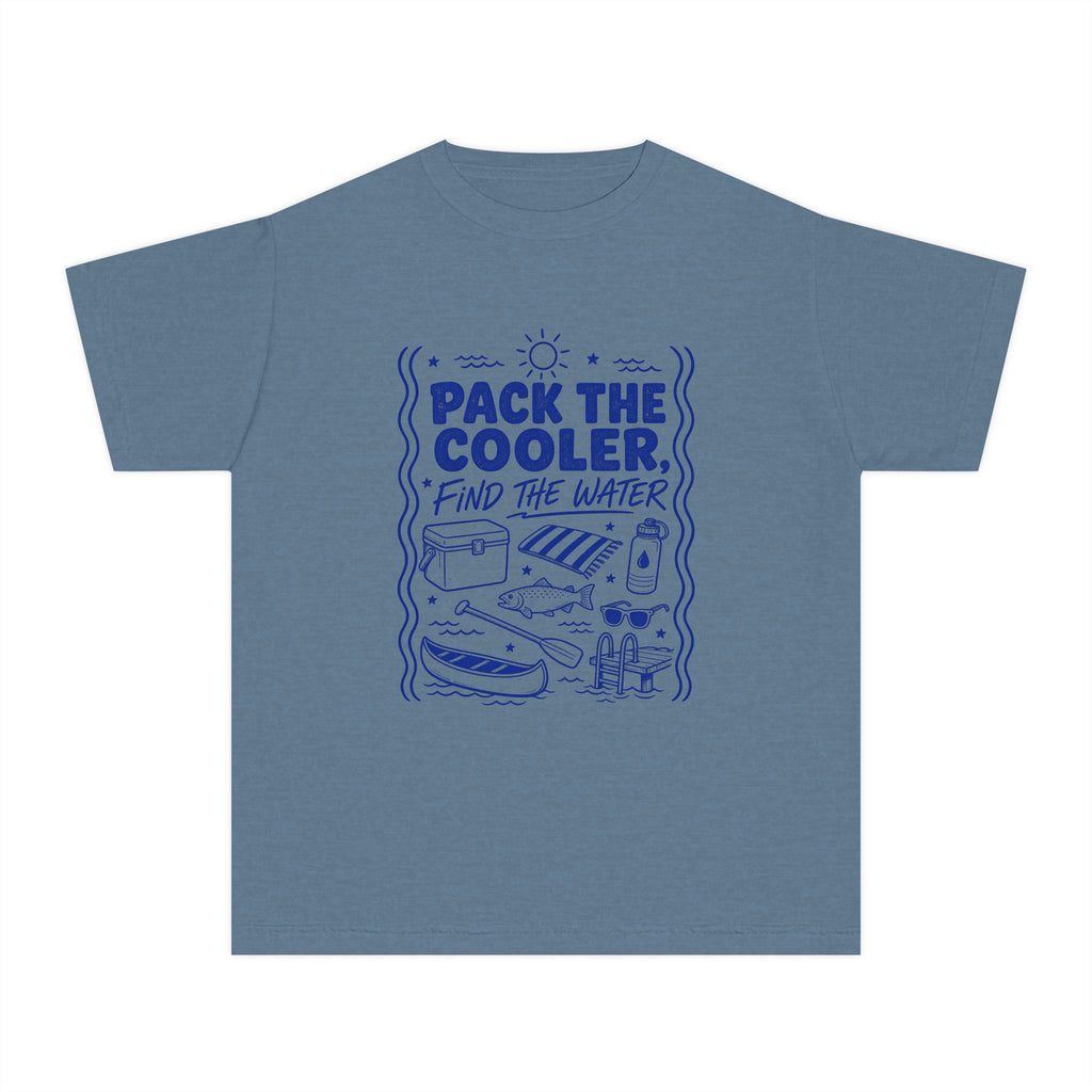 Pack the Cooler Find the Water Youth Tee – Kids' Comfort Colors Beach Vacation Shirt in Blue Jean – flat lay