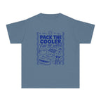 Pack the Cooler Find the Water Youth Tee – Kids' Comfort Colors Beach Vacation Shirt in Blue Jean – flat lay