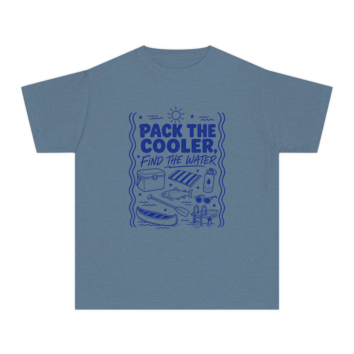 Pack the Cooler Find the Water Youth Tee – Kids' Comfort Colors Beach Vacation Shirt in Blue Jean – flat lay