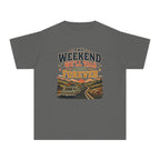 The Weekend We'll Talk About Forever Youth Tee – Kids' Comfort Colors Road Trip Shirt in Pepper – flat lay