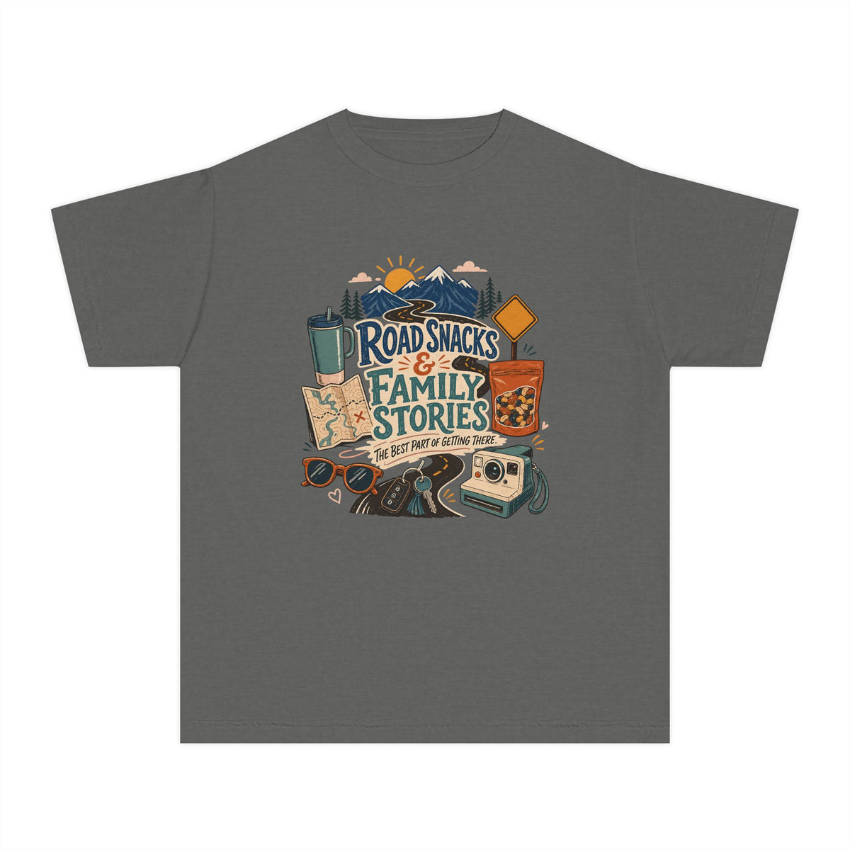 Road Snacks and Family Stories Youth Tee – Kids' Comfort Colors Road Trip Shirt in Pepper – flat lay