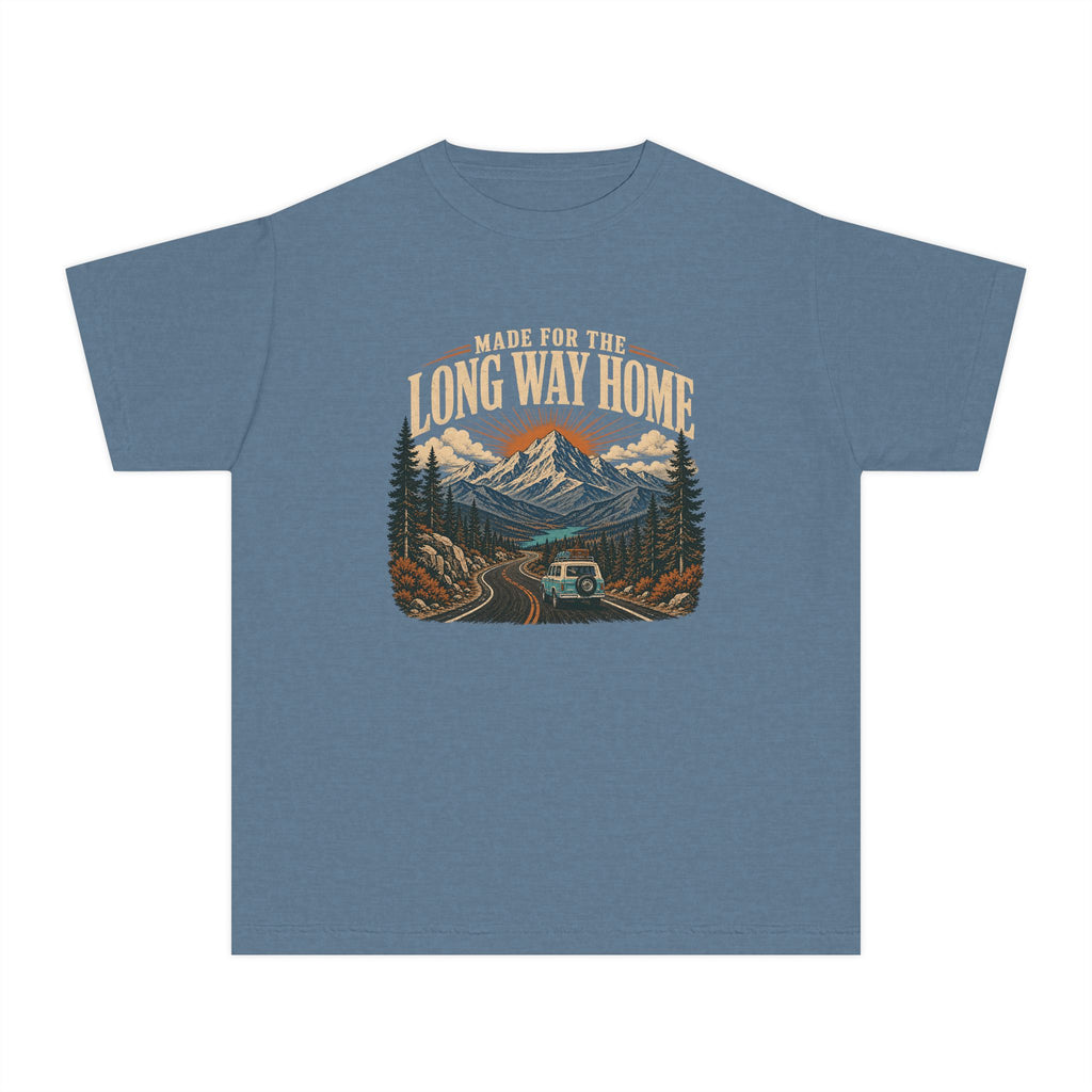 Made for the Long Way Home Youth Tee – Kids' Comfort Colors Scenic Road Trip Shirt in Blue Jean – flat lay