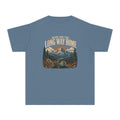 Made for the Long Way Home Youth Tee – Kids' Comfort Colors Scenic Road Trip Shirt in Blue Jean – flat lay