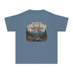 Made for the Long Way Home Youth Tee – Kids' Comfort Colors Scenic Road Trip Shirt in Blue Jean – flat lay