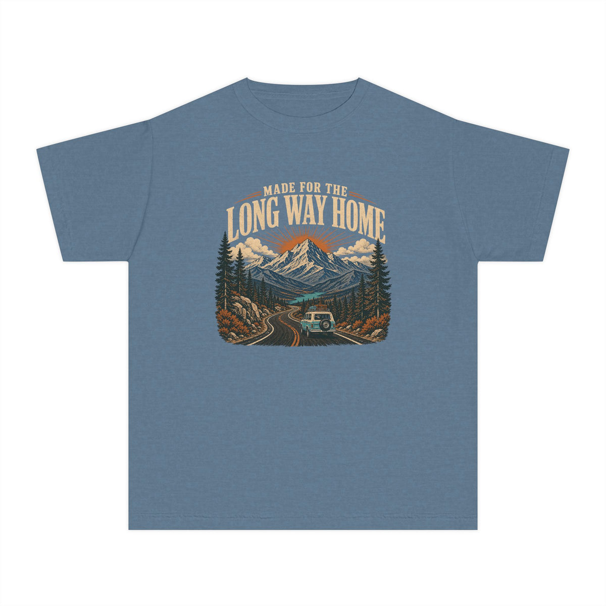 Made for the Long Way Home Youth Tee – Kids' Comfort Colors Scenic Road Trip Shirt in Blue Jean – flat lay
