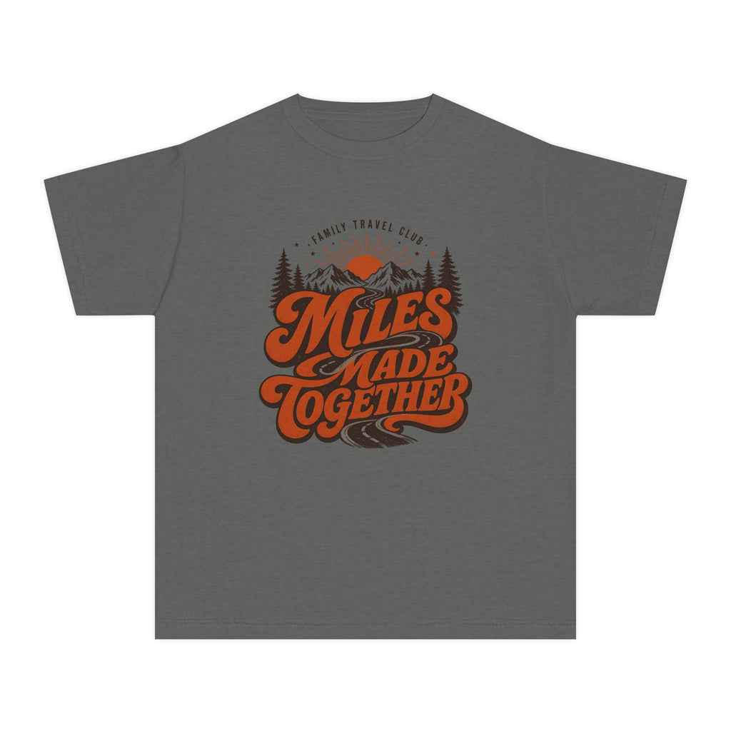 Miles Made Together Youth Tee – Kids' Comfort Colors Road Trip Shirt in Pepper – flat lay