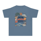 Sunshine Looks Better Shared Youth Tee – Kids' Comfort Colors Beach Vacation Shirt in Blue Jean – flat lay