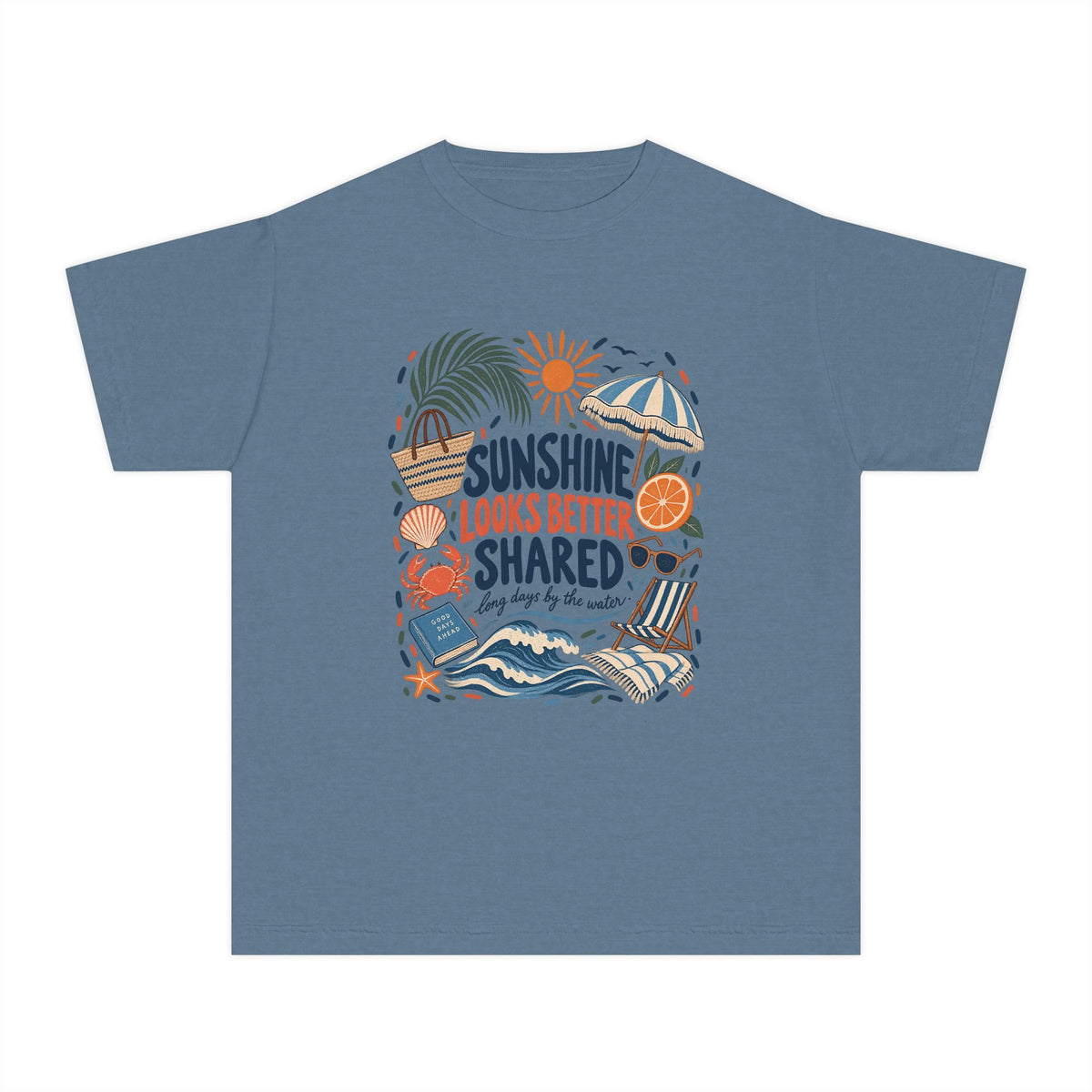 Sunshine Looks Better Shared Youth Tee – Kids' Comfort Colors Beach Vacation Shirt in Blue Jean – flat lay