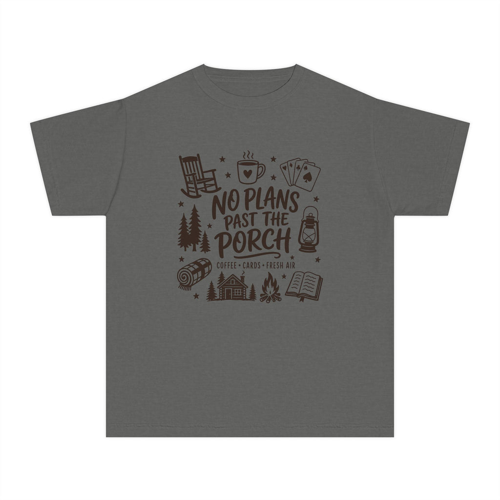 No Plans Past the Porch Youth Tee – Kids' Comfort Colors Cabin Weekend Shirt in Pepper – flat lay