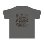 No Plans Past the Porch Youth Tee – Kids' Comfort Colors Cabin Weekend Shirt in Pepper – flat lay