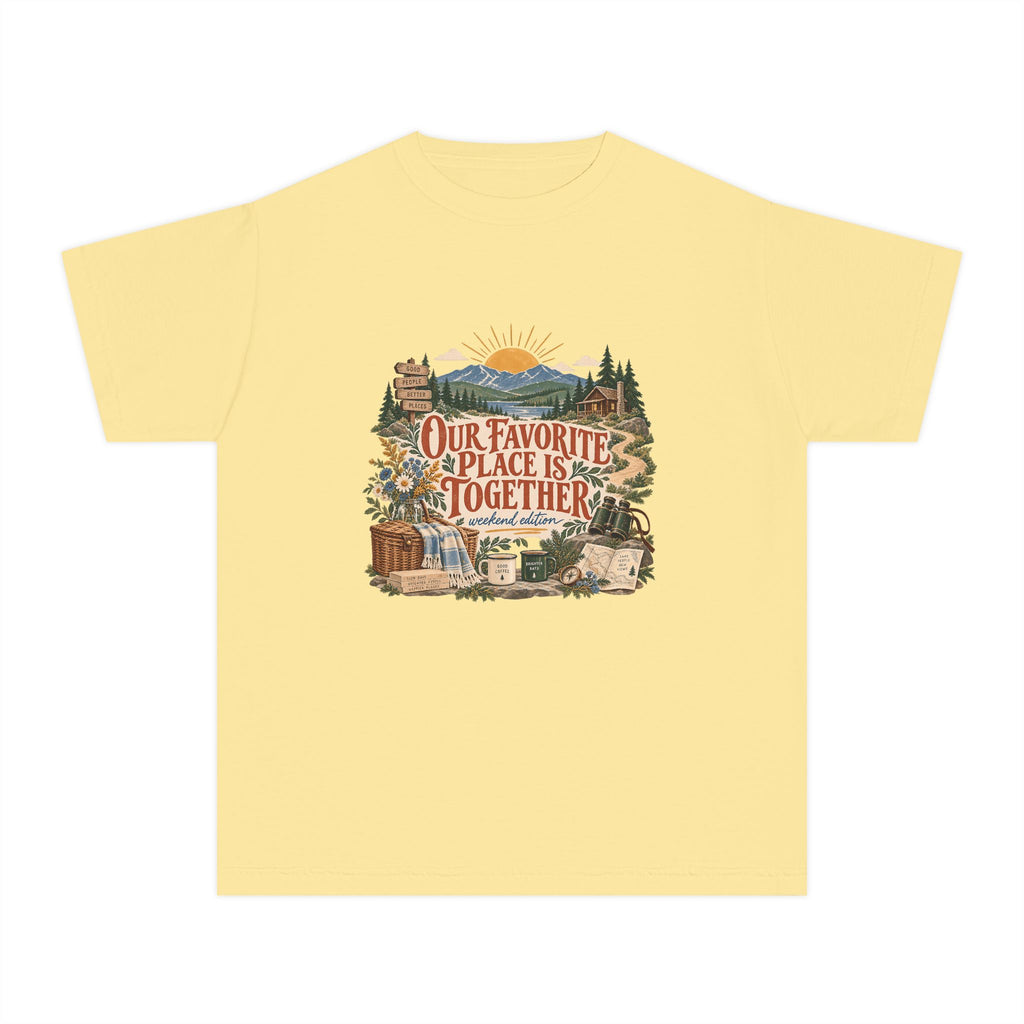 Our Favorite Place Is Together Youth Tee – Kids' Comfort Colors Family Getaway Shirt in Butter – flat lay