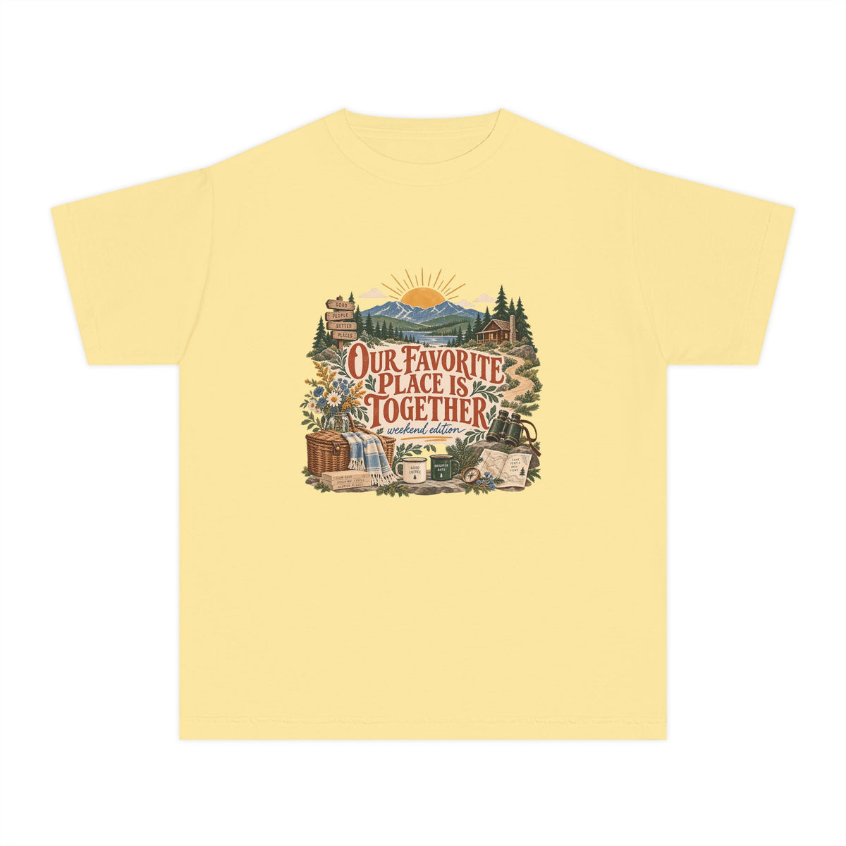 Our Favorite Place Is Together Youth Tee – Kids' Comfort Colors Family Getaway Shirt in Butter – flat lay