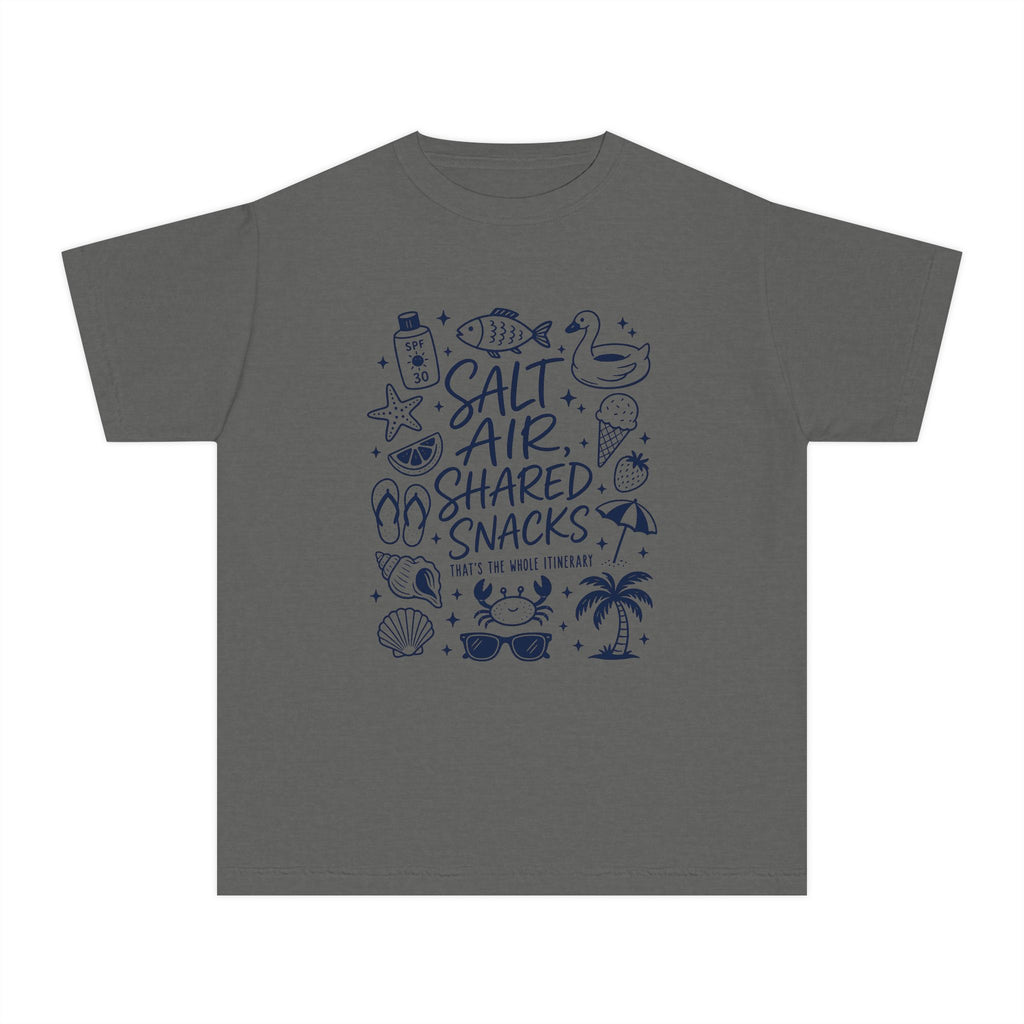 Salt Air Shared Snacks Youth Tee – Kids' Comfort Colors Beach Vacation Shirt in Pepper – flat lay