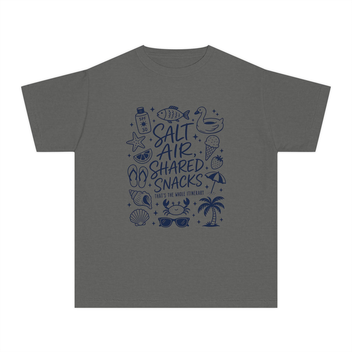Salt Air Shared Snacks Youth Tee – Kids' Comfort Colors Beach Vacation Shirt in Pepper – flat lay