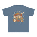 Our Favorite Tradition Is Packing Bags Youth Tee – Kids' Comfort Colors Family Travel Shirt in Blue Jean – flat lay