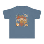 Our Favorite Tradition Is Packing Bags Youth Tee – Kids' Comfort Colors Family Travel Shirt in Blue Jean – flat lay