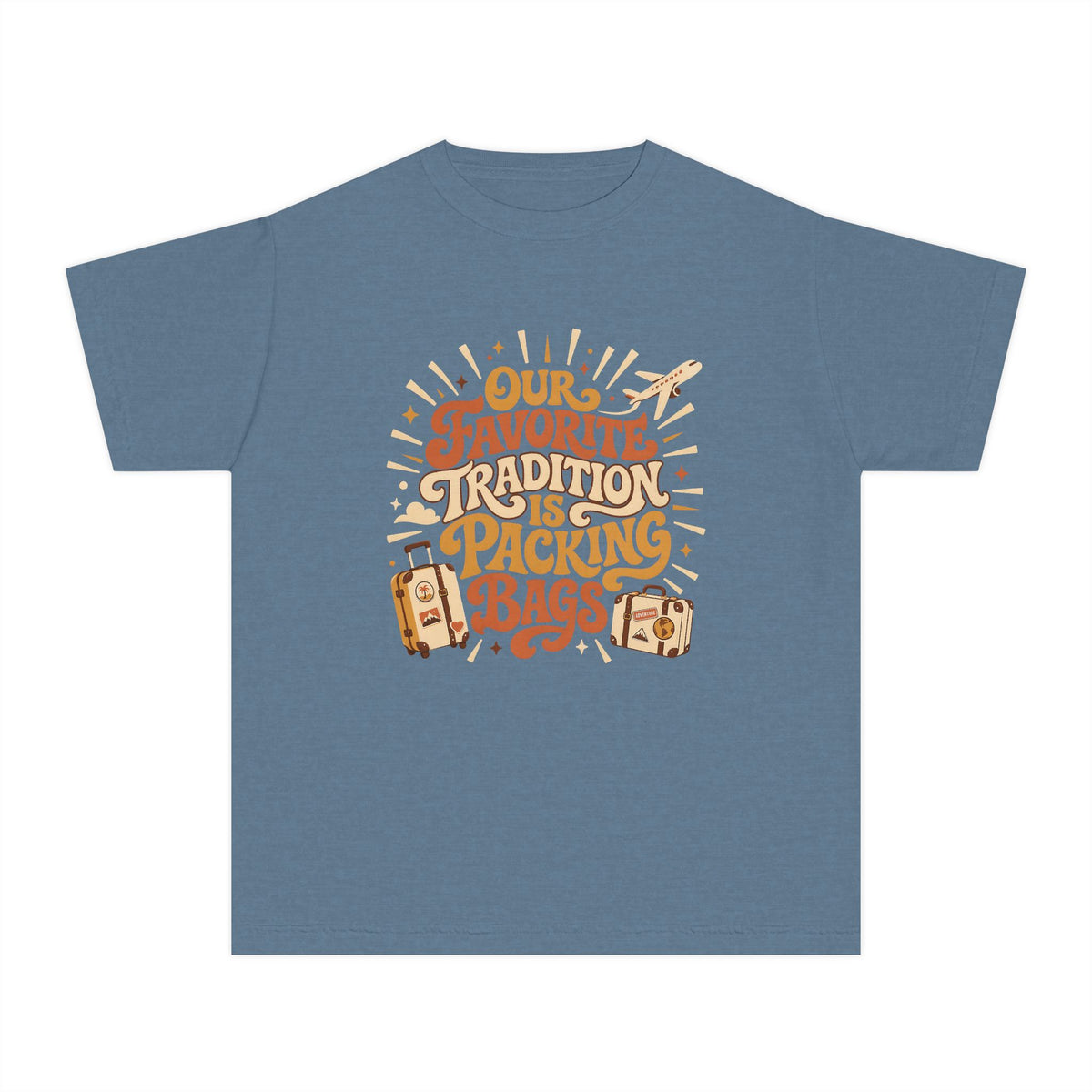 Our Favorite Tradition Is Packing Bags Youth Tee – Kids' Comfort Colors Family Travel Shirt in Blue Jean – flat lay