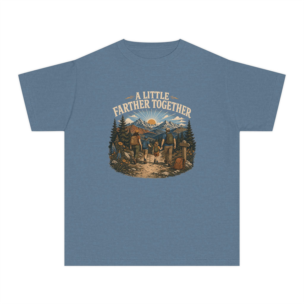 A Little Farther Together Youth Tee – Kids' Comfort Colors Hiking Family Shirt in Blue Jean – flat lay