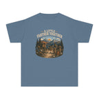 A Little Farther Together Youth Tee – Kids' Comfort Colors Hiking Family Shirt in Blue Jean – flat lay