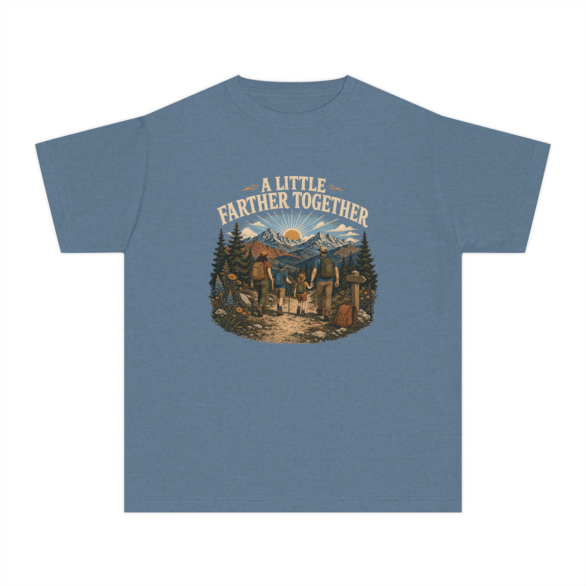 A Little Farther Together Youth Tee – Kids' Comfort Colors Hiking Family Shirt in Blue Jean – flat lay
