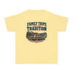 Family Trips Are Our Tradition Youth Tee – Kids' Comfort Colors Vacation Shirt in Butter – flat lay