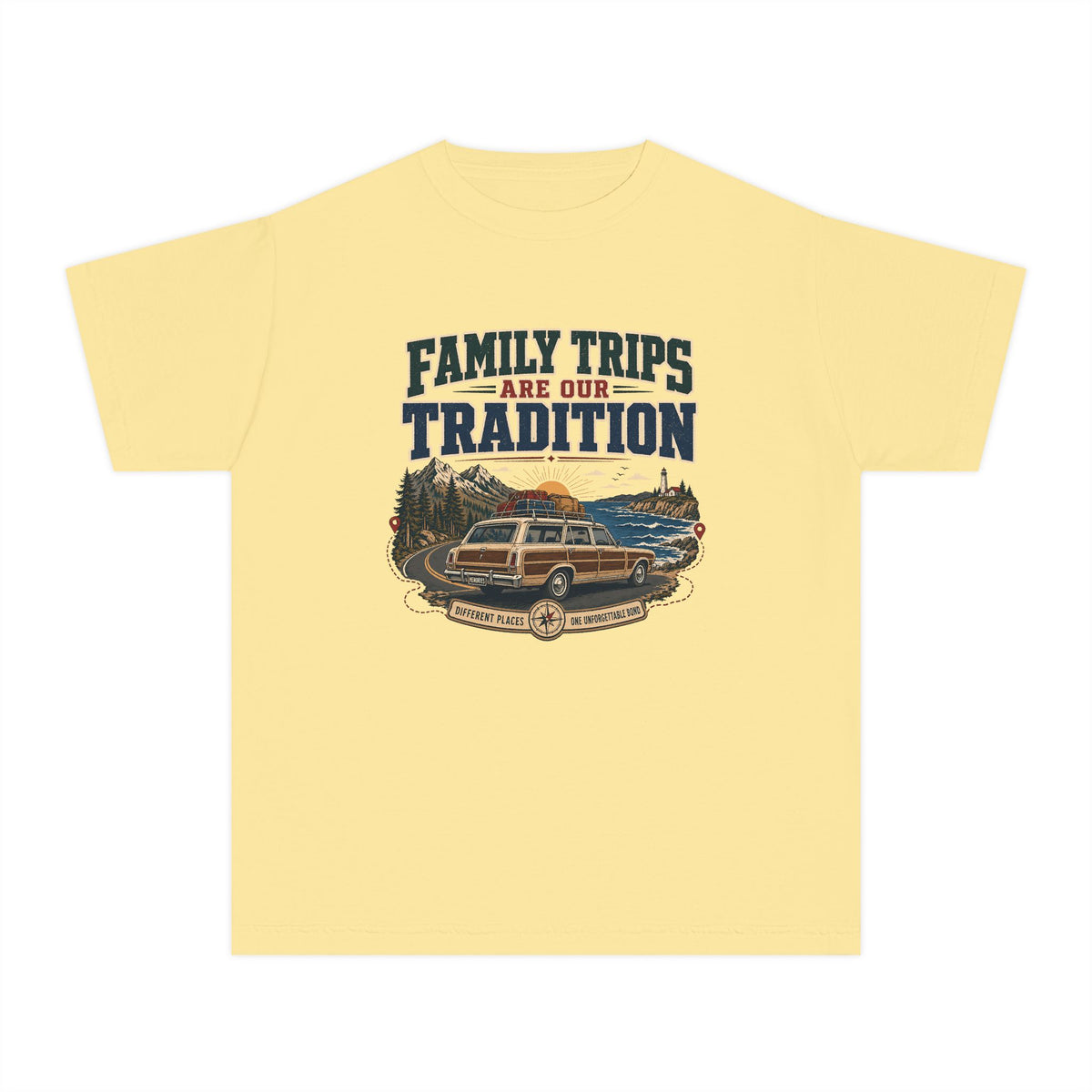 Family Trips Are Our Tradition Youth Tee – Kids' Comfort Colors Vacation Shirt in Butter – flat lay
