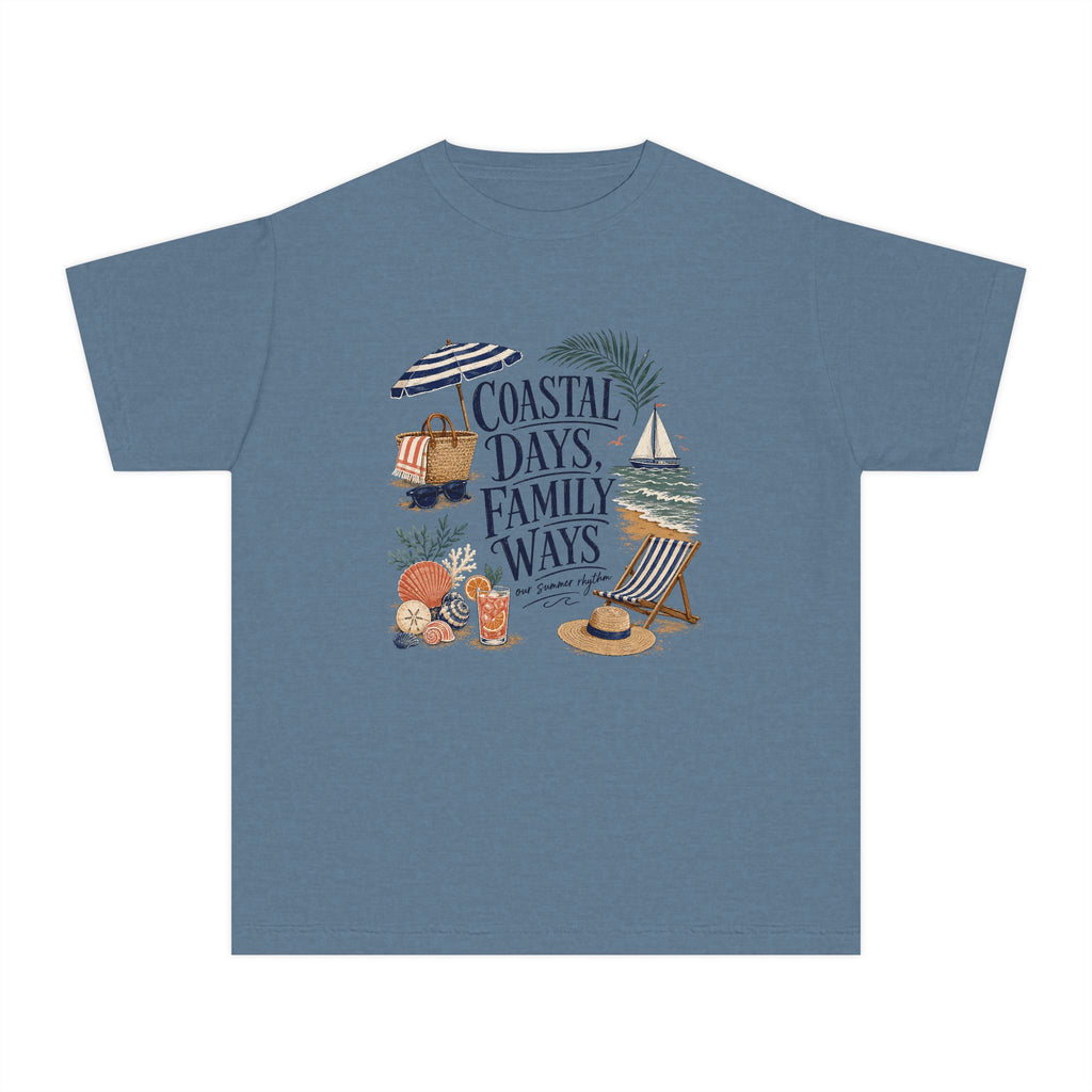 Coastal Days Family Ways Youth Tee – Kids' Comfort Colors Beach Vacation Shirt in Blue Jean – flat lay