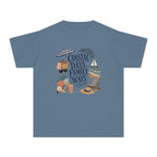 Coastal Days Family Ways Youth Tee – Kids' Comfort Colors Beach Vacation Shirt in Blue Jean – flat lay