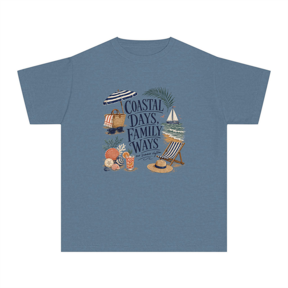 Coastal Days Family Ways Youth Tee – Kids' Comfort Colors Beach Vacation Shirt in Blue Jean – flat lay