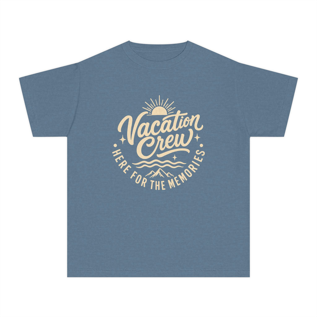 Vacation Crew Here for the Memories Youth Tee – Kids' Comfort Colors Family Travel Shirt in Blue Jean – flat lay