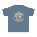 Vacation Crew Here for the Memories Youth Tee – Kids' Comfort Colors Family Travel Shirt in Blue Jean – flat lay