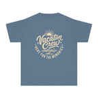 Vacation Crew Here for the Memories Youth Tee – Kids' Comfort Colors Family Travel Shirt in Blue Jean – flat lay