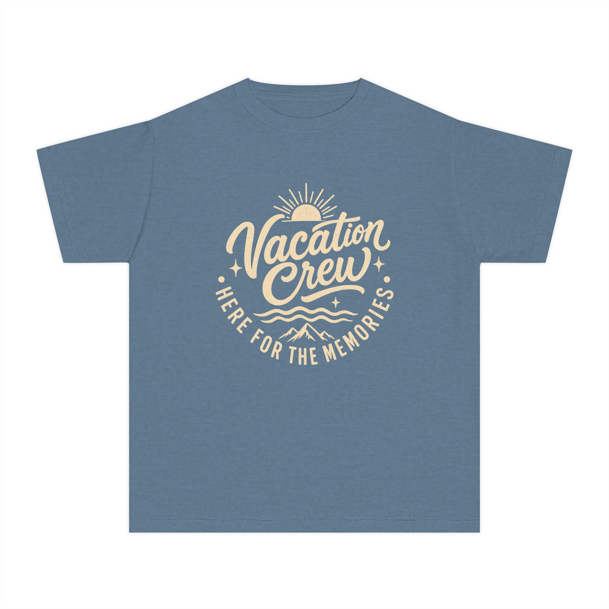 Vacation Crew Here for the Memories Youth Tee – Kids' Comfort Colors Family Travel Shirt in Blue Jean – flat lay