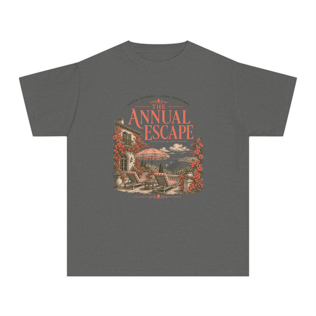 The Annual Escape Youth Tee – Kids' Comfort Colors Family Travel Shirt in Pepper – flat lay