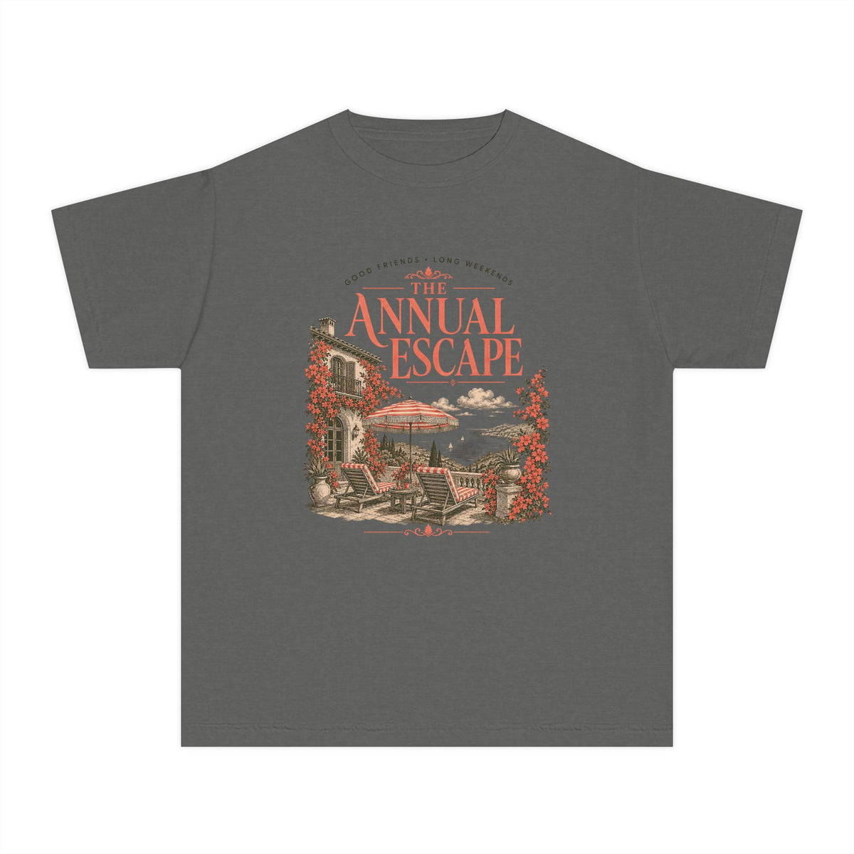 The Annual Escape Youth Tee – Kids' Comfort Colors Family Travel Shirt in Pepper – flat lay
