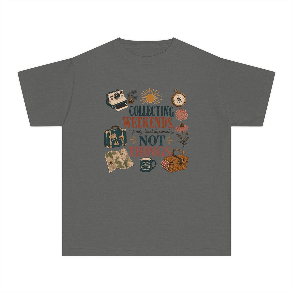 Collecting Weekends Not Things Youth Tee – Kids' Comfort Colors Family Getaway Shirt in Pepper – flat lay