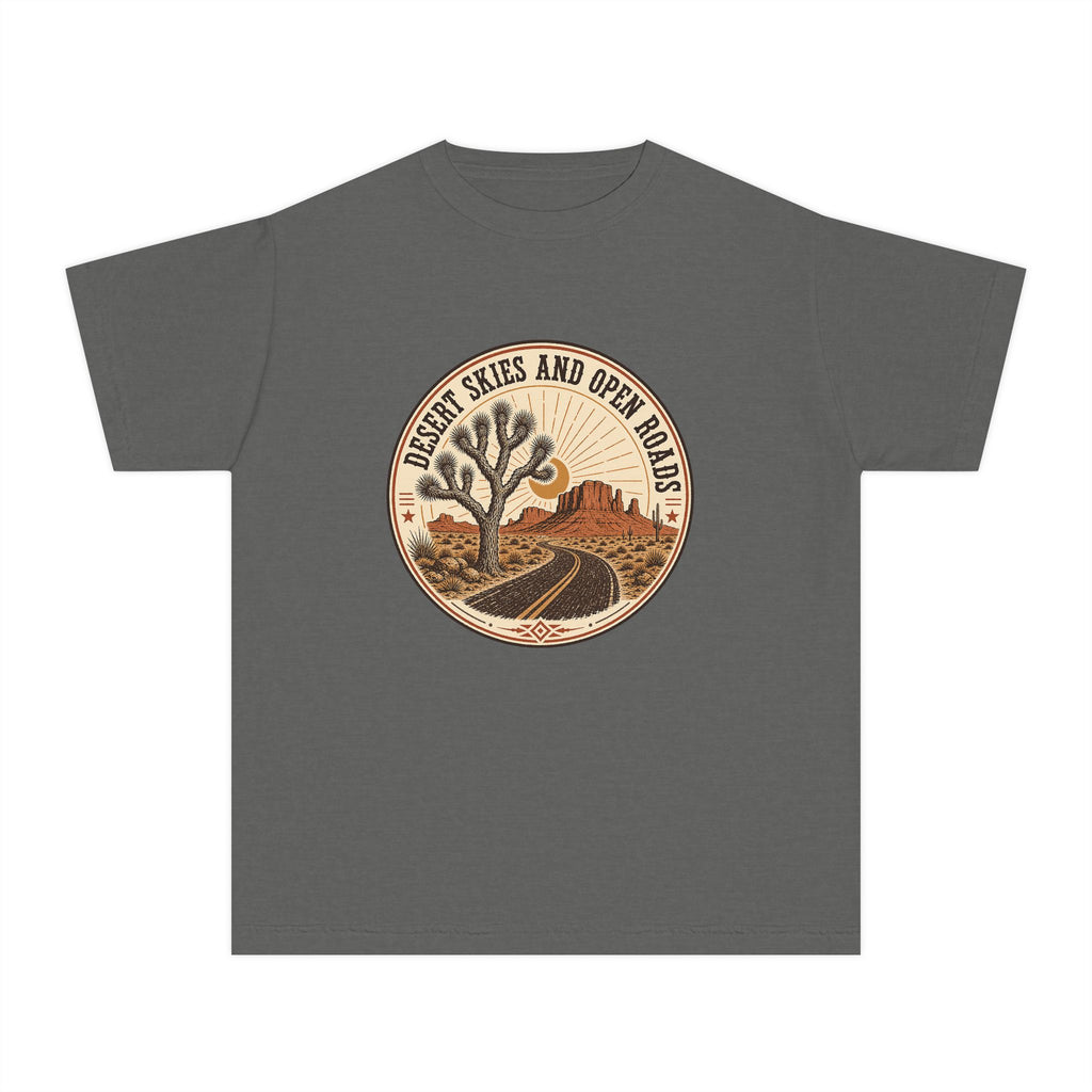 Desert Skies and Open Roads Youth Tee – Kids' Comfort Colors Travel Shirt in Pepper – flat lay