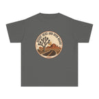 Desert Skies and Open Roads Youth Tee – Kids' Comfort Colors Travel Shirt in Pepper – flat lay