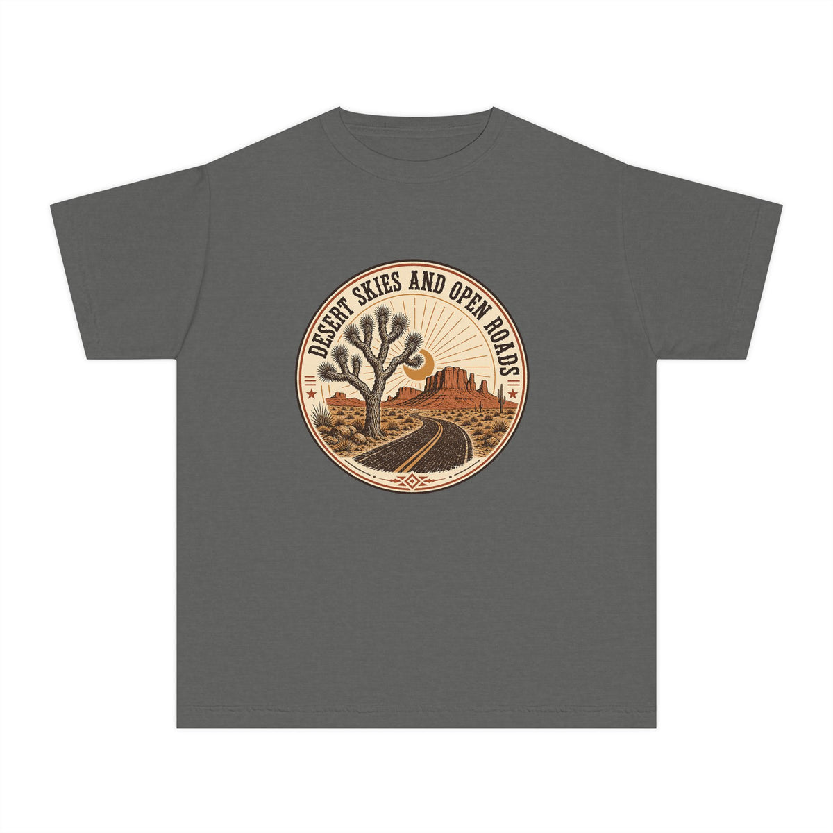 Desert Skies and Open Roads Youth Tee – Kids' Comfort Colors Travel Shirt in Pepper – flat lay