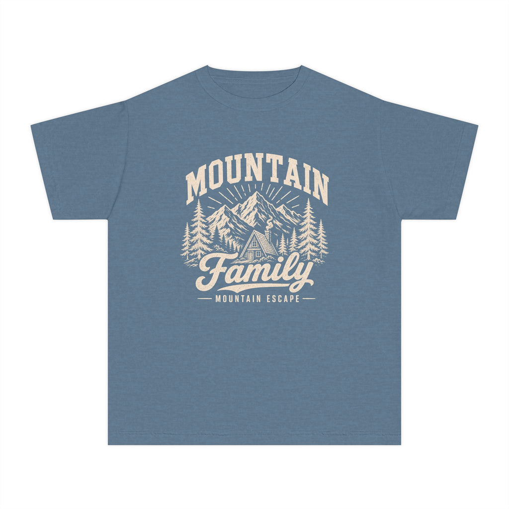 Family Mountain Escape Youth Tee – Kids' Comfort Colors Cabin Weekend Shirt in Blue Jean – flat lay