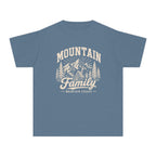 Family Mountain Escape Youth Tee – Kids' Comfort Colors Cabin Weekend Shirt in Blue Jean – flat lay