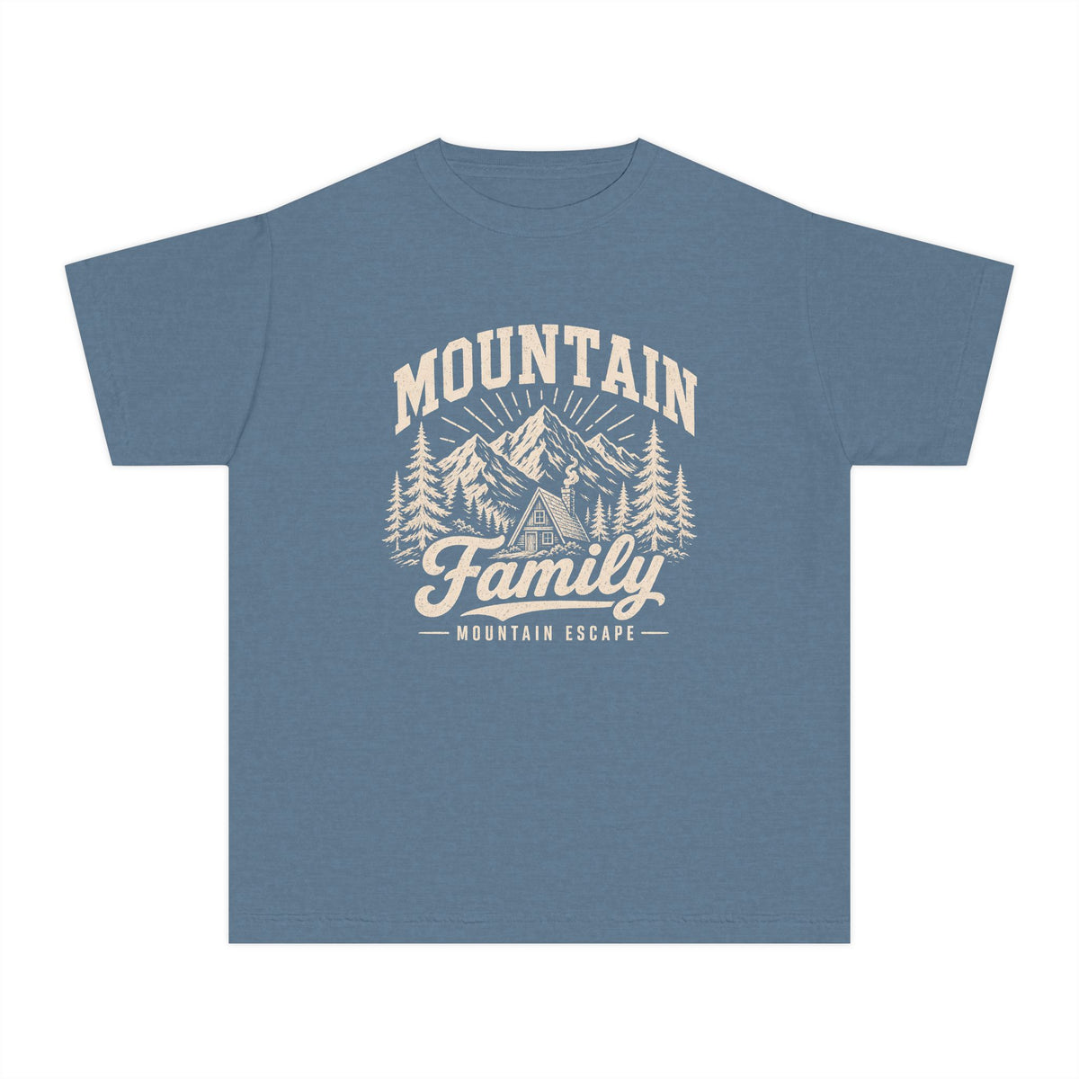 Family Mountain Escape Youth Tee – Kids' Comfort Colors Cabin Weekend Shirt in Blue Jean – flat lay