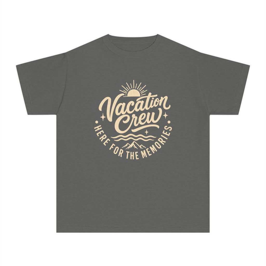 Vacation Crew Here for the Memories Youth Tee – Kids' Comfort Colors Family Travel Shirt in Pepper – flat lay