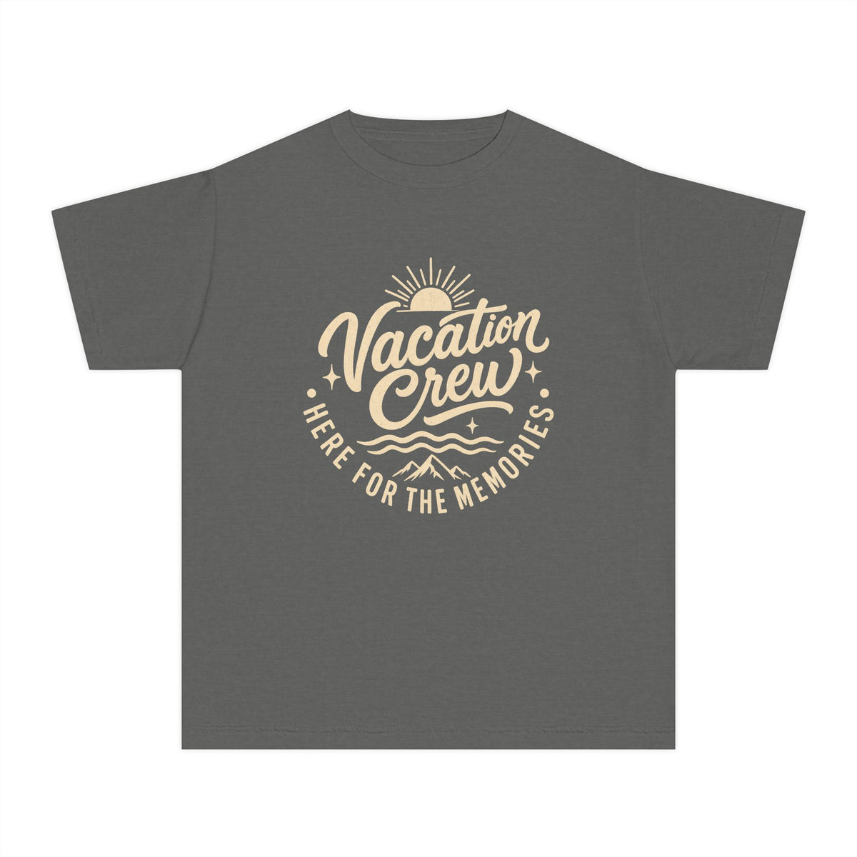 Vacation Crew Here for the Memories Youth Tee – Kids' Comfort Colors Family Travel Shirt in Pepper – flat lay