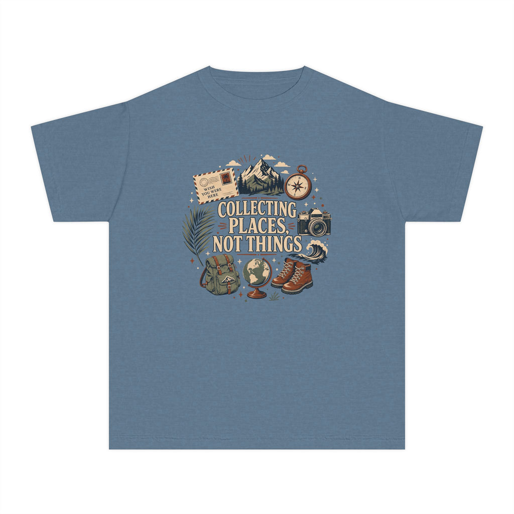 Collecting Places Not Things Youth Tee – Kids' Comfort Colors Travel Shirt in Blue Jean – flat lay
